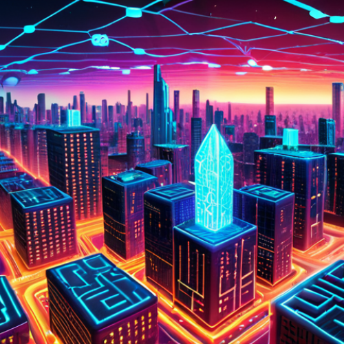 **AI-powered smart contracts**: A futuristic cityscape with glowing blockchain nodes and AI brain interfaces, showcasing dynamic parameter adjustments and risk assessment. Focus on vibrant colors and intricate details to illustrate the seamless integration of AI and blockchain.