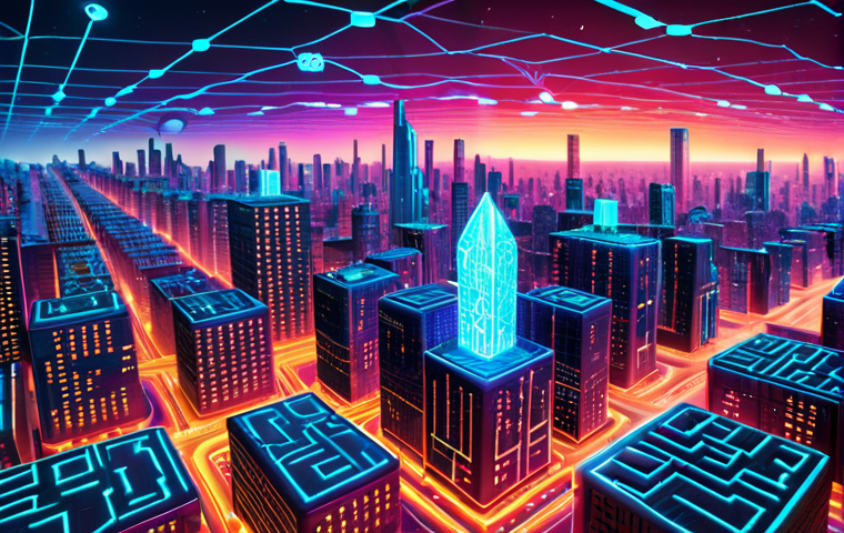 **AI-powered smart contracts**: A futuristic cityscape with glowing blockchain nodes and AI brain interfaces, showcasing dynamic parameter adjustments and risk assessment. Focus on vibrant colors and intricate details to illustrate the seamless integration of AI and blockchain.